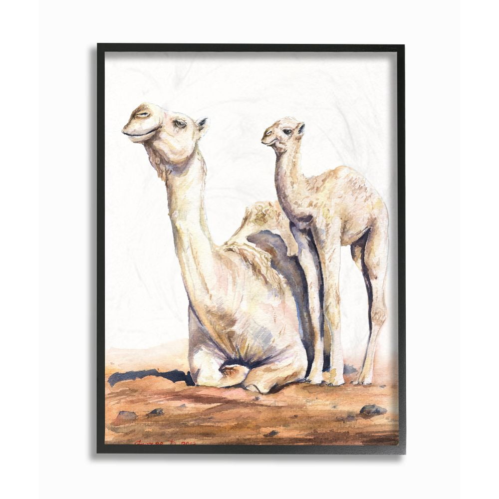 Stupell Industries Cute Baby Camel Family Animal Watercolor Painting Framed Giclee Texturized Art by George Dyachenko