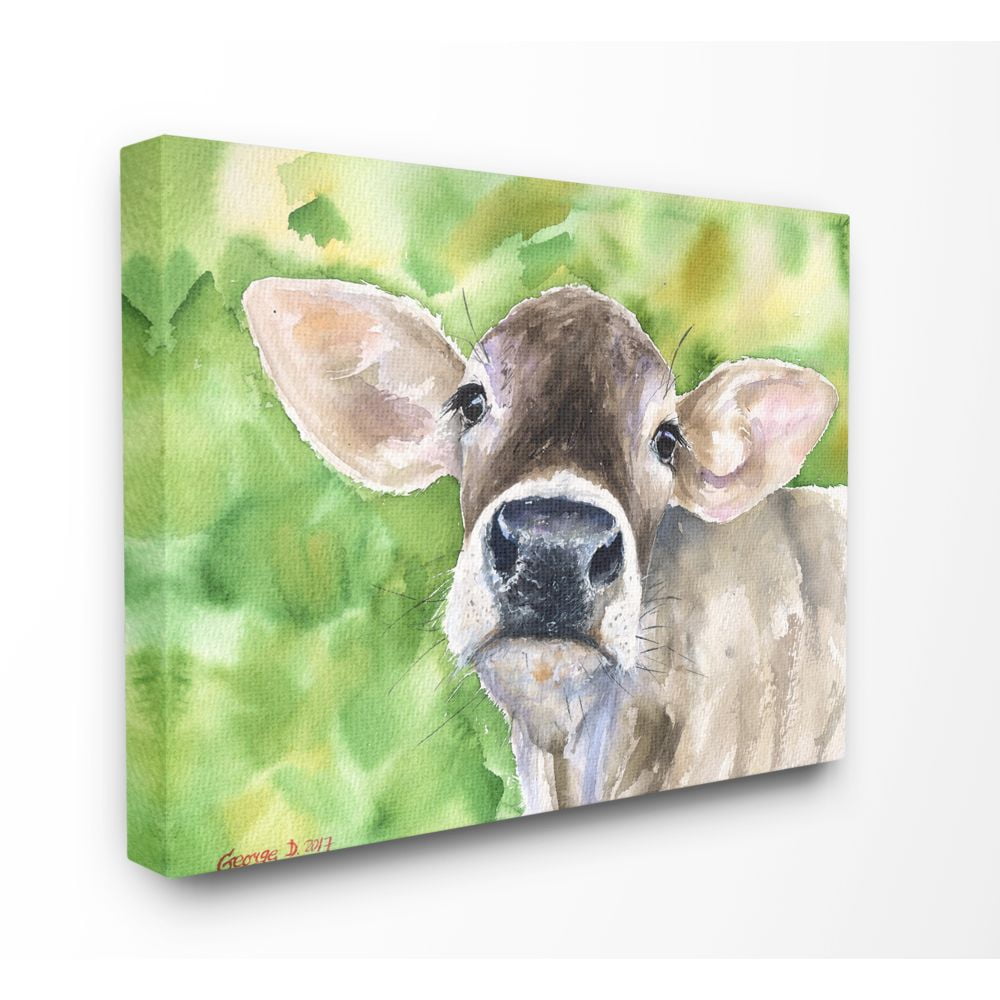 Stupell Industries Cute Baby Cow Animal Green Watercolor Painting Canvas Wall Art by George Dyachenko