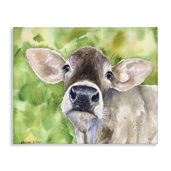Stupell Industries Rustic Lodge Cute Baby Cow Animal Green Watercolor Canvas Art, 30 x 24, by George Dyachenko