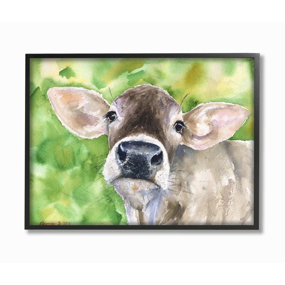 Stupell Industries Cute Baby Cow Animal Green Watercolor Painting Framed Giclee Texturized Art by George Dyachenko