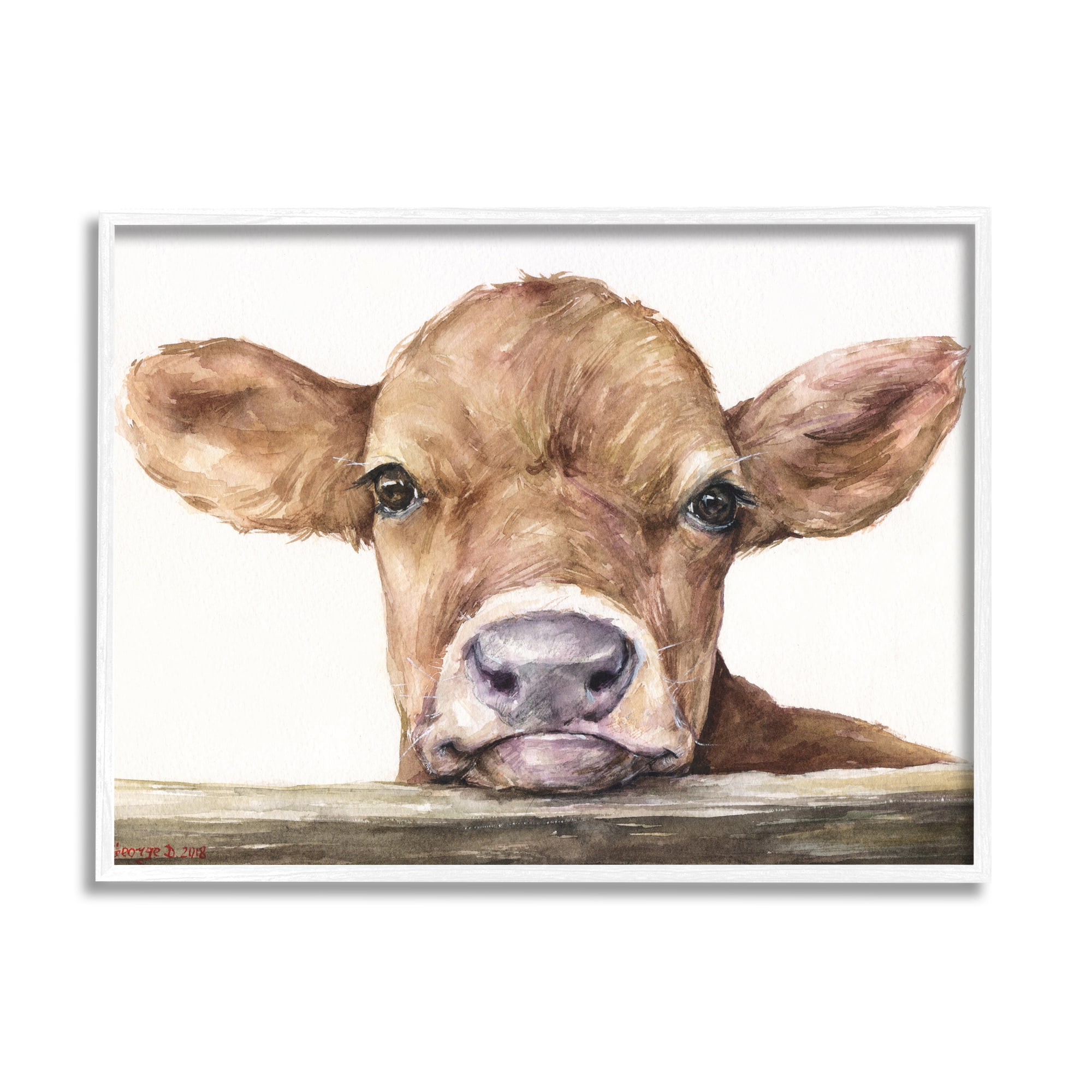 Cute Baby Cow Watercolor Print in White Wood Frame