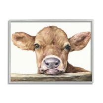 Stupell Industries Cute Baby Cow Animal Watercolor Painting Animals & Insects Painting Gray Framed Art Print Wall Art, 11 x 14