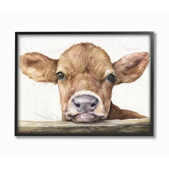 Stupell Industries Cute Baby Cow Animal Watercolor Painting Framed Giclee Texturized Art by George Dyachenko