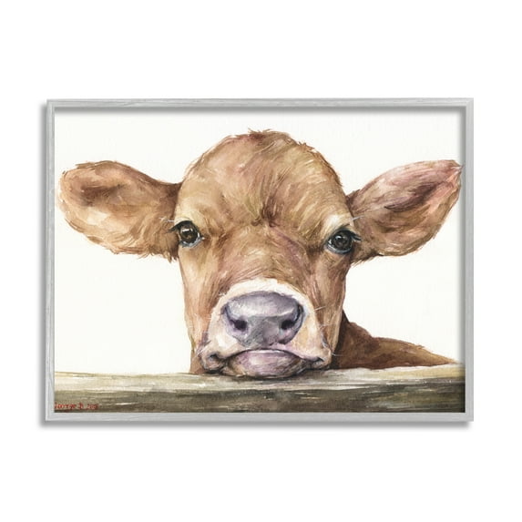 Stupell Industries Cute Baby Cow Animal Watercolor Painting Gray Framed Art Print Wall Art, 16x20, by George Dyachenko