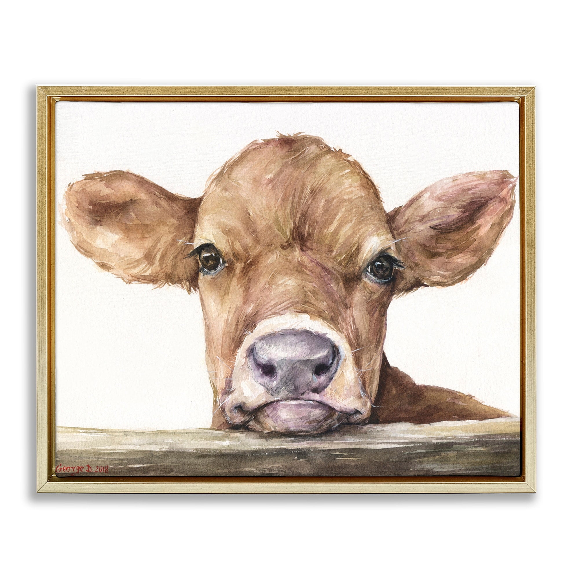 Stupell Industries Cute Baby Cow Animal Watercolor Painting Metallic Gold Framed Floating Canvas Wall Art, 16x20, by George Dyachenko