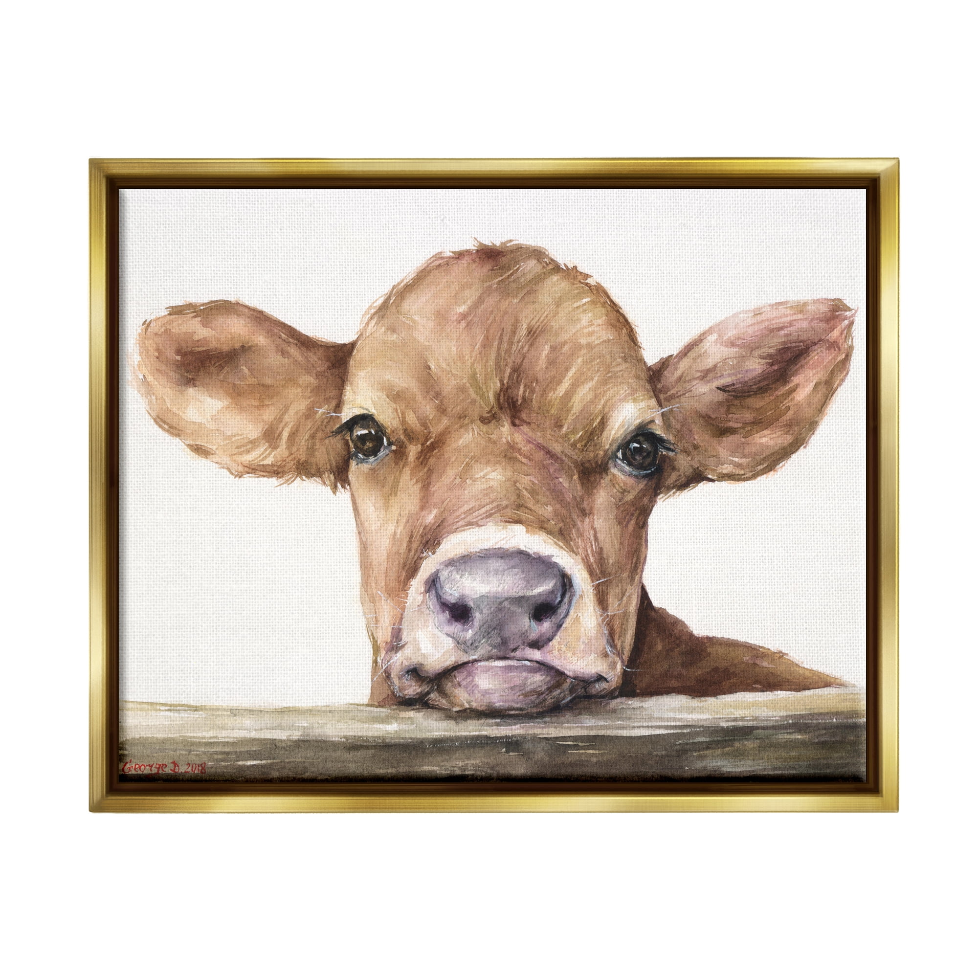 Stupell Industries Cute Baby Cow Animal Watercolor Painting Metallic Gold Framed Floating Canvas Wall Art, 24x30, by George Dyachenko