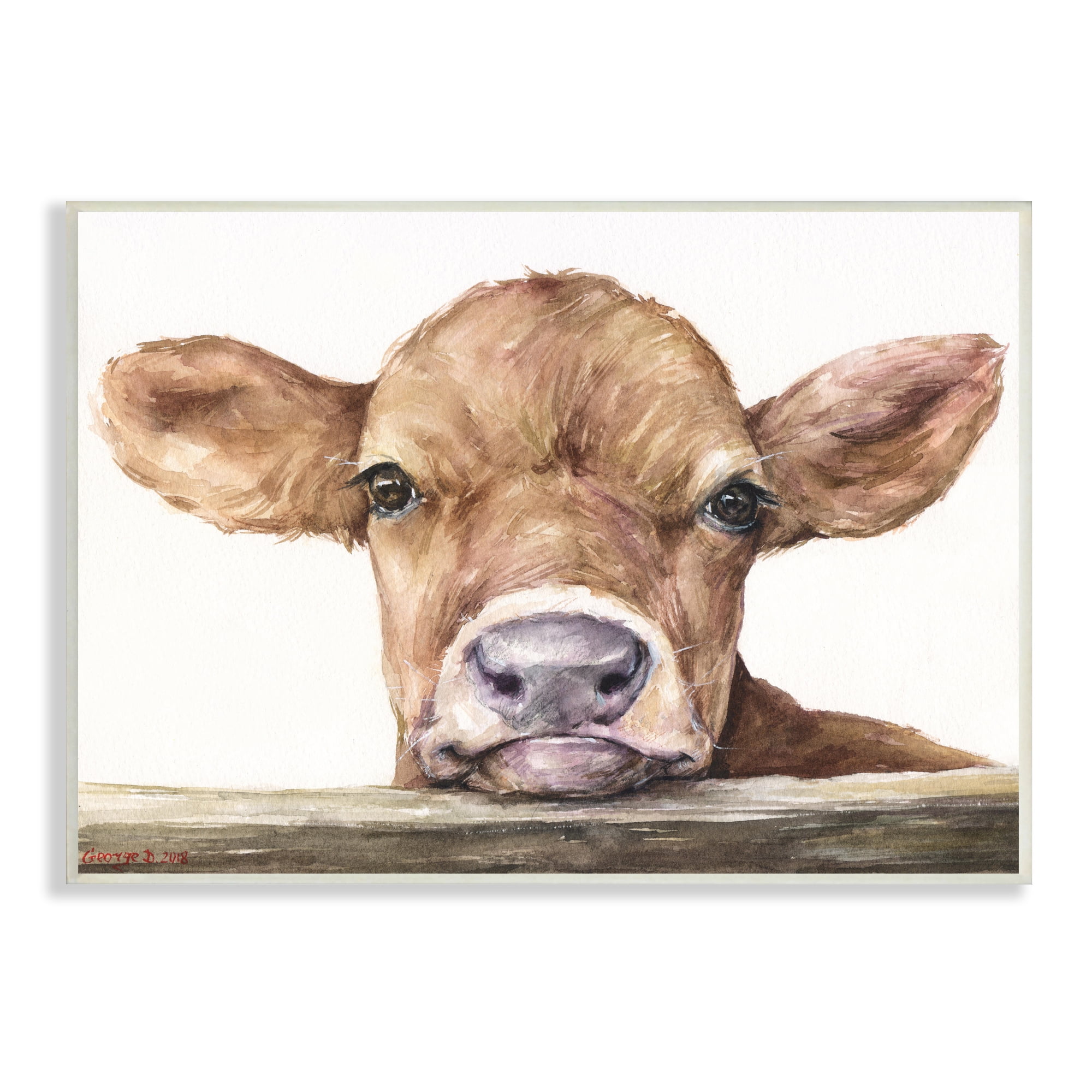 Stupell Industries Cute Baby Cow Animal Watercolor Painting Wall Plaque Art by George Dyachenko
