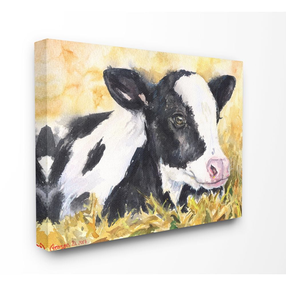 Stupell Industries Cute Baby Cow Animal Yellow Watercolor Painting Canvas Wall Art by George Dyachenko