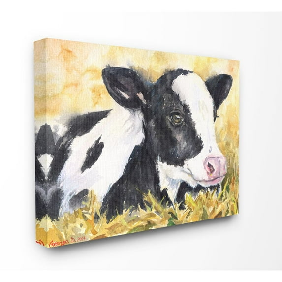 Stupell Industries Cute Baby Cow Animal Yellow Watercolor Painting Canvas Wall Art by George Dyachenko