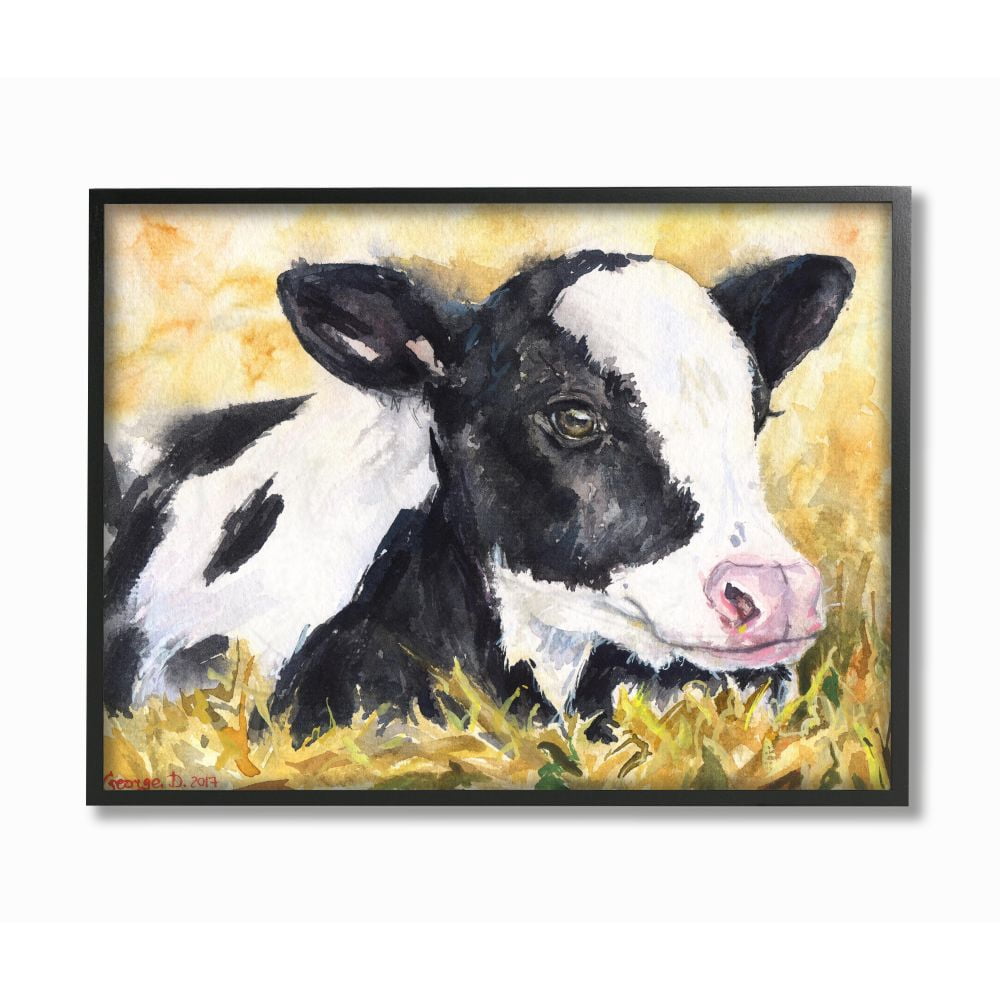 Stupell Industries Cute Baby Cow Animal Yellow Watercolor Painting Framed Giclee Texturized Art by George Dyachenko
