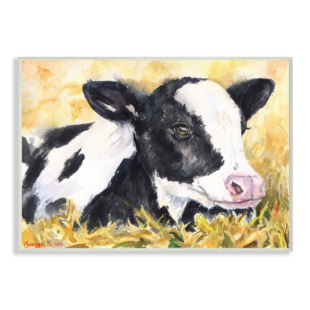Stupell Industries Cute Baby Cow Animal Yellow Watercolor Painting Wall Plaque Art by George Dyachenko