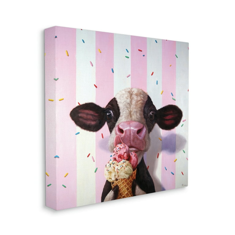 Stupell Industries Cute Baby Cow with Ice Cream Cone Pink Stripes,36 x  36,Designed by Lucia Heffernan