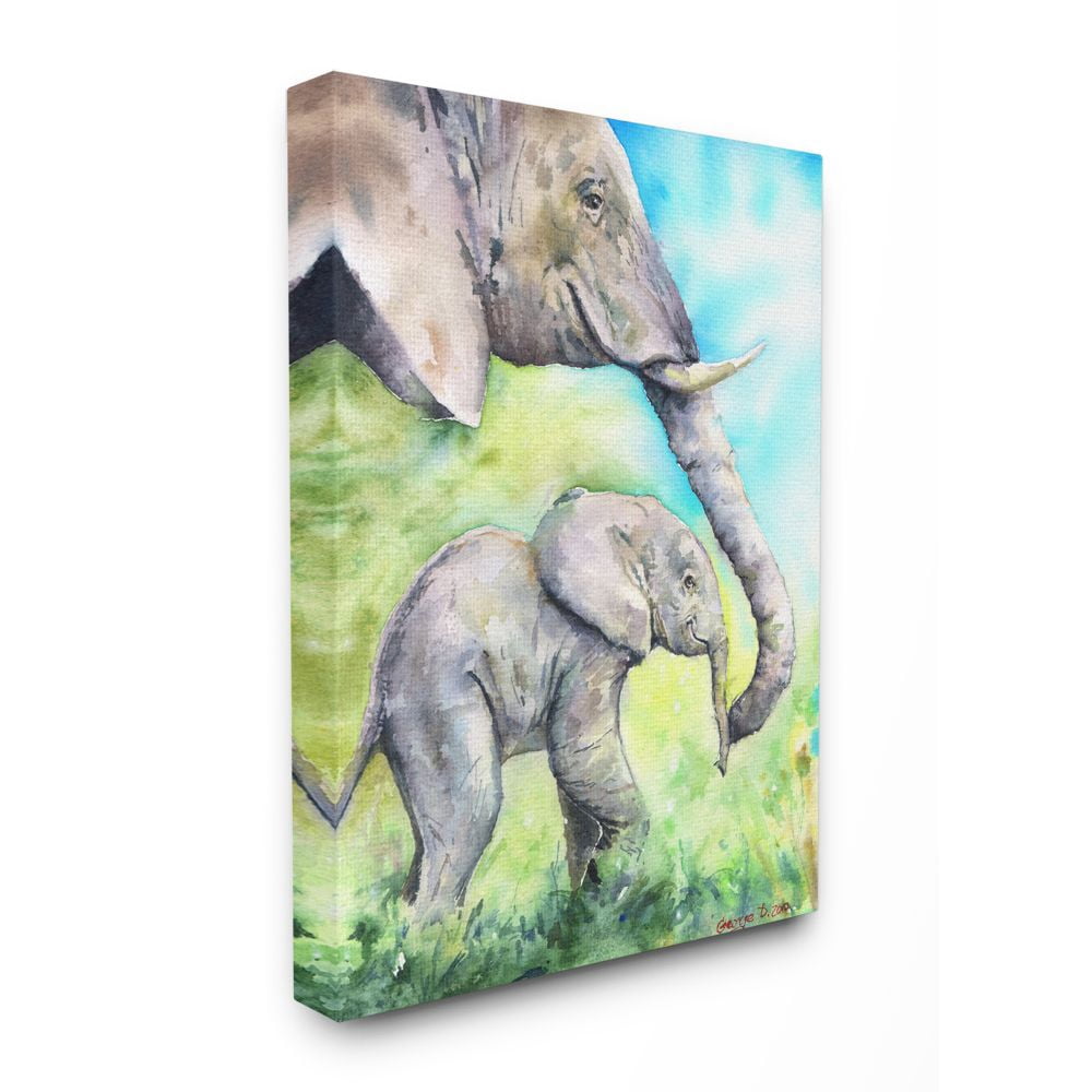 Stupell Industries Cute Baby Elephant Family Animal Blue Watercolor Painting Super Canvas Wall Art by George Dyachenko