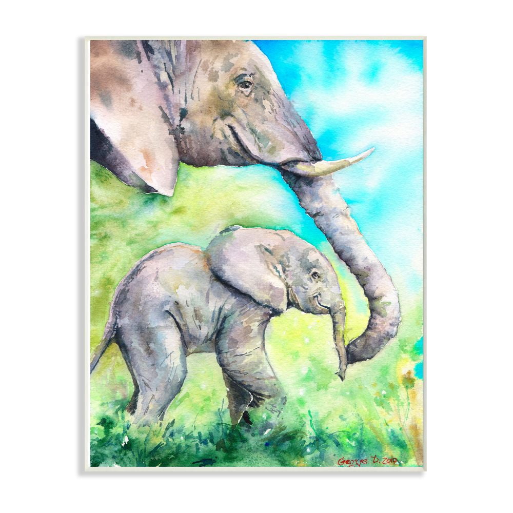Stupell Industries Cute Baby Elephant Family Animal Blue Watercolor Painting Wall Plaque Art by George Dyachenko