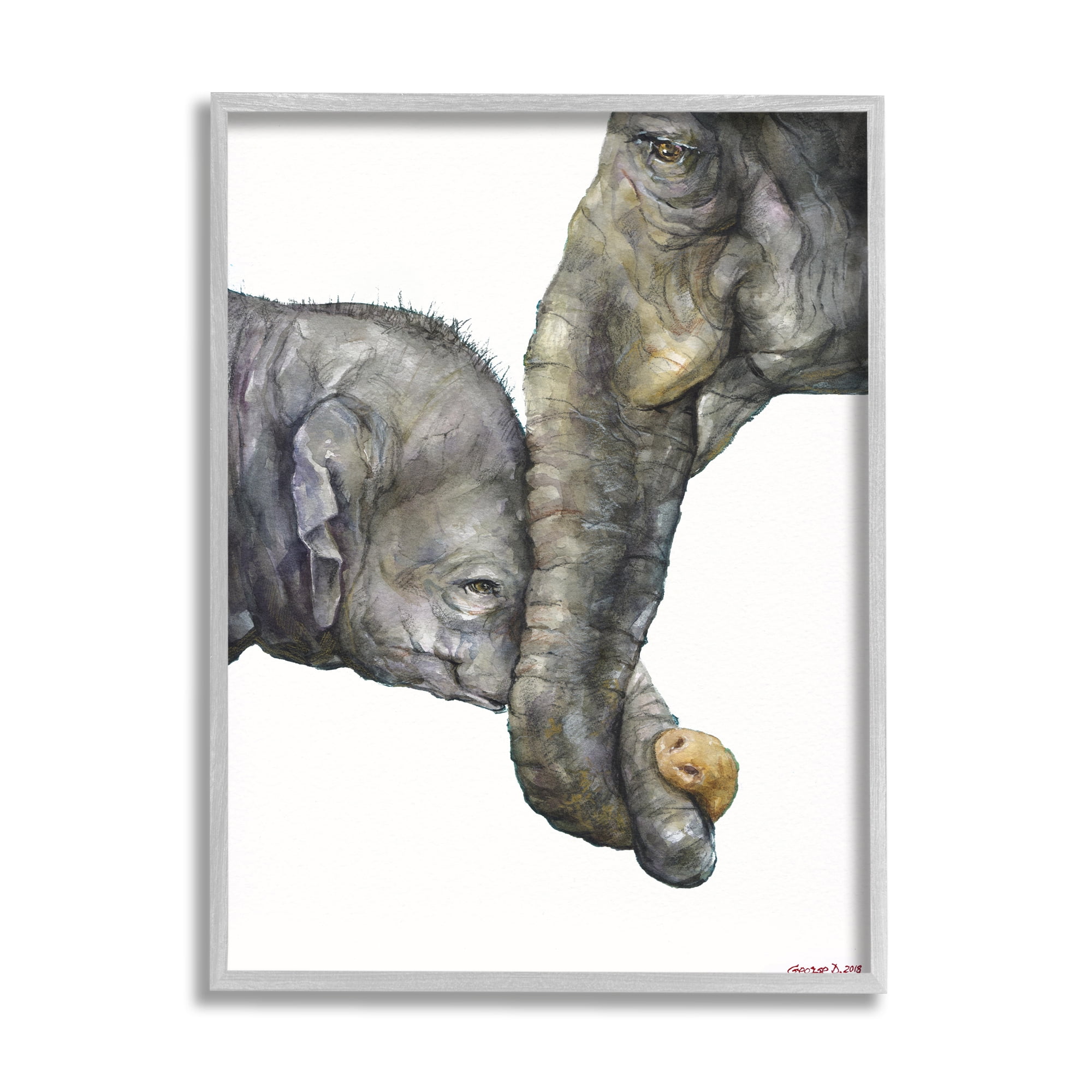 Stupell Industries Cute Baby Elephant Family Animal Watercolor Painting Framed Art Print Wall Art, 16x20, By George Dyachenko