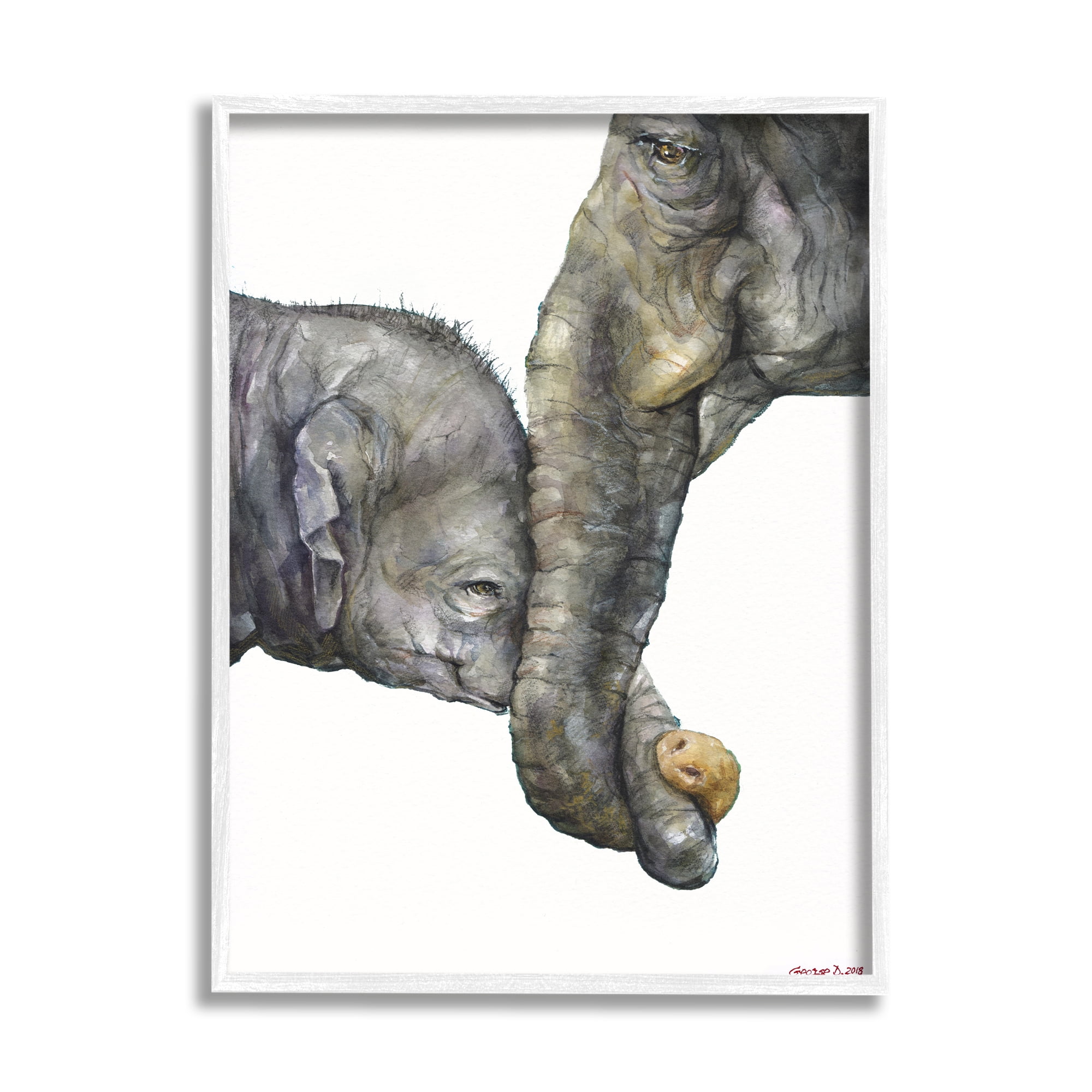 Stupell Industries Cute Baby Elephant Family Animal Watercolor Painting Framed Art Print Wall Art, 24x30, By George Dyachenko