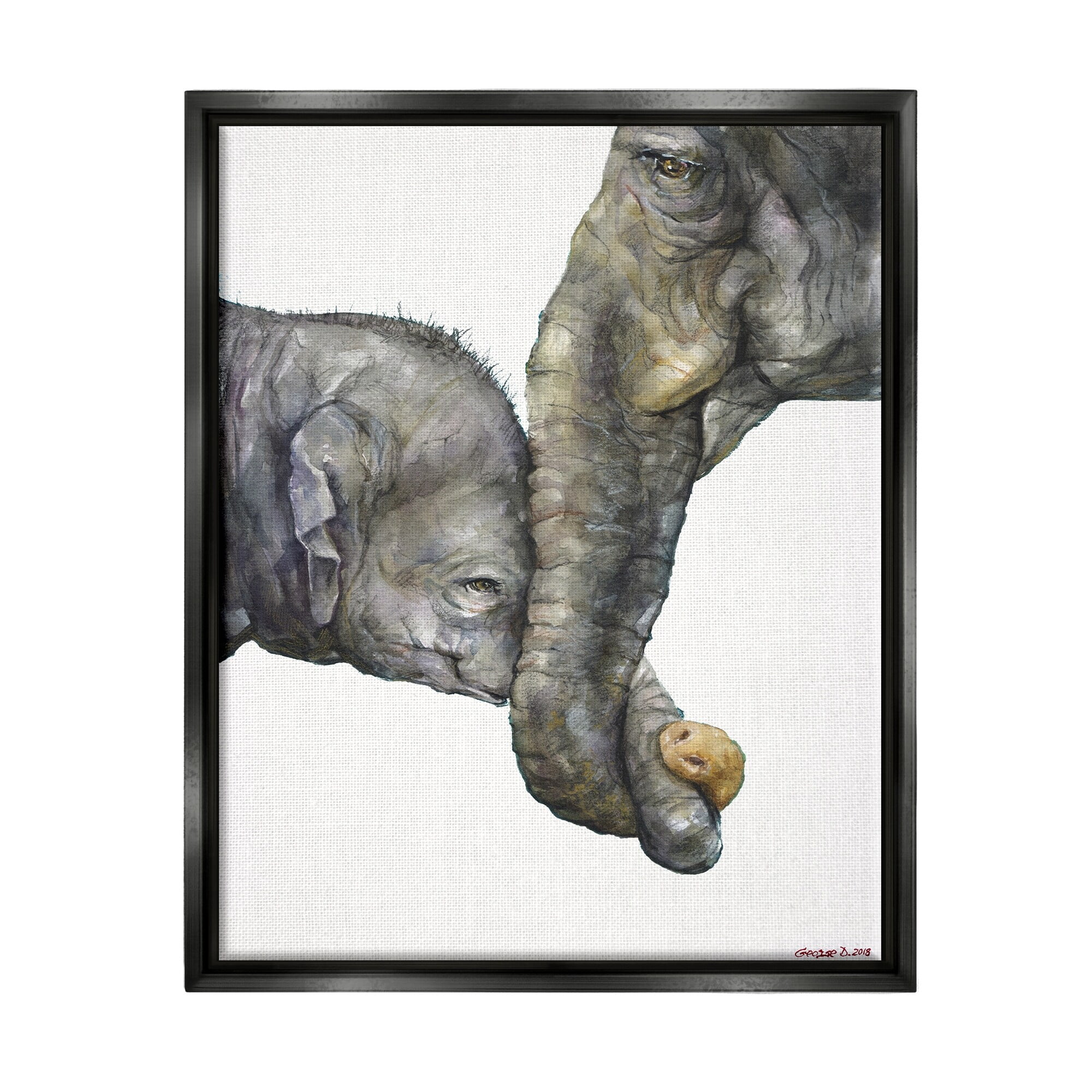 Stupell Industries Cute Baby Elephant Family Animal Watercolor Painting Luster Gray Framed Floating Canvas Wall Art, 24x30, by George Dyachenko