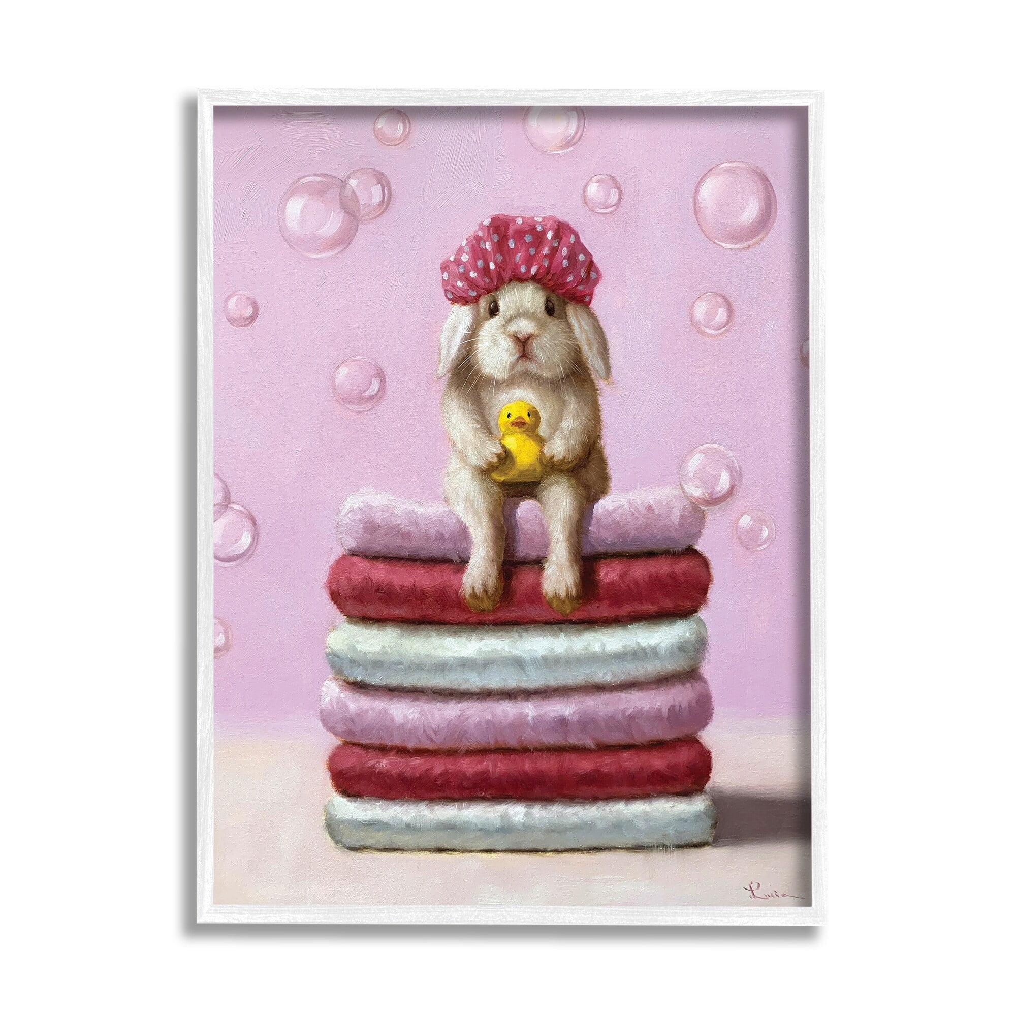 Stupell Industries Cute Baby Rabbit on Bath Towels Soap Bubbles Graphic Art Framed Art Print Wall Art, 16x20, By Lucia Heffernan