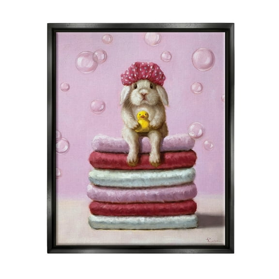 Stupell Industries Cute Baby Rabbit on Bath Towels Soap Bubbles Jet Black Framed Floating Canvas Wall Art, 16x20, by Lucia Heffernan
