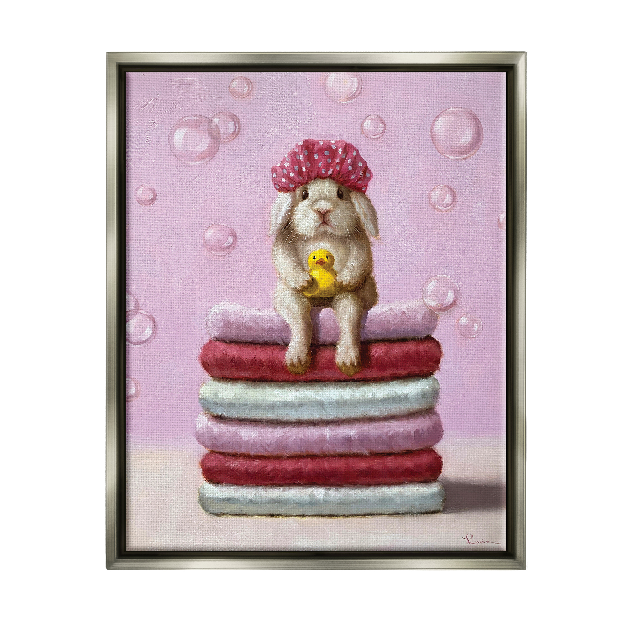 Stupell Industries Cute Baby Rabbit on Bath Towels Soap Bubbles Luster Gray Framed Floating Canvas Wall Art, 24x30, by Lucia Heffernan