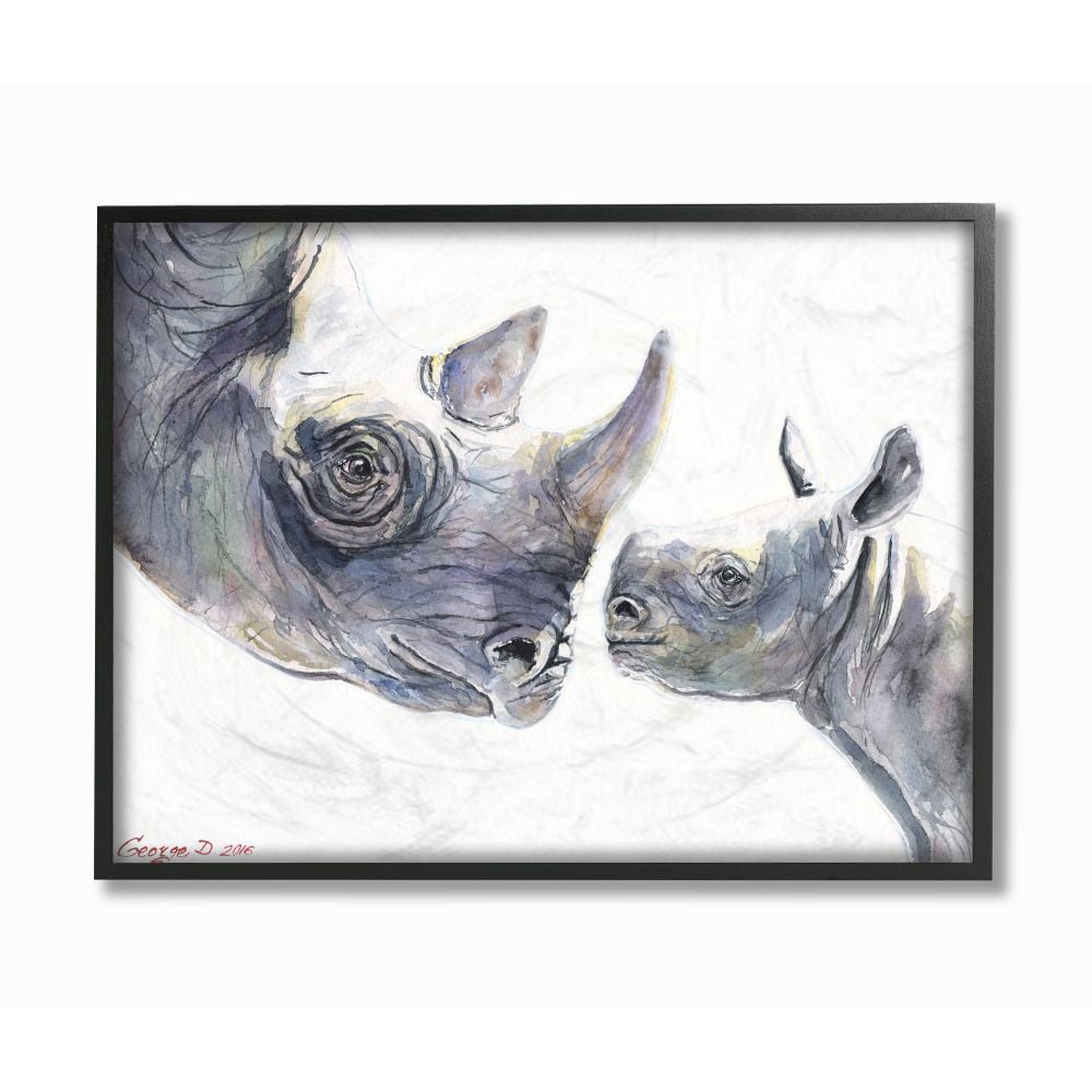 Stupell Industries Cute Baby Rhino Family Animal Watercolor Painting Framed Giclee Texturized Art by George Dyachenko
