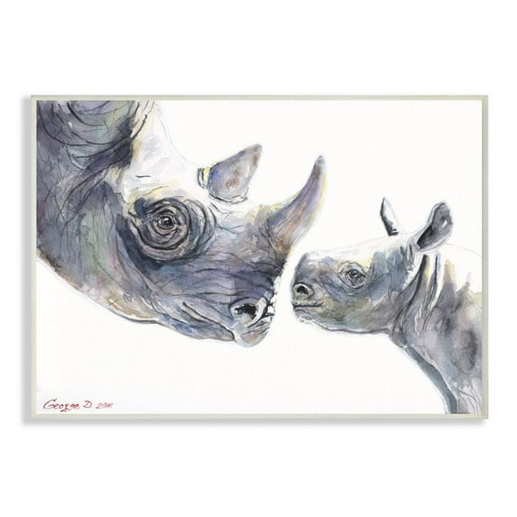 Stupell Industries Cute Baby Rhino Family Animal Watercolor Painting Wall Plaque Art by George Dyachenko