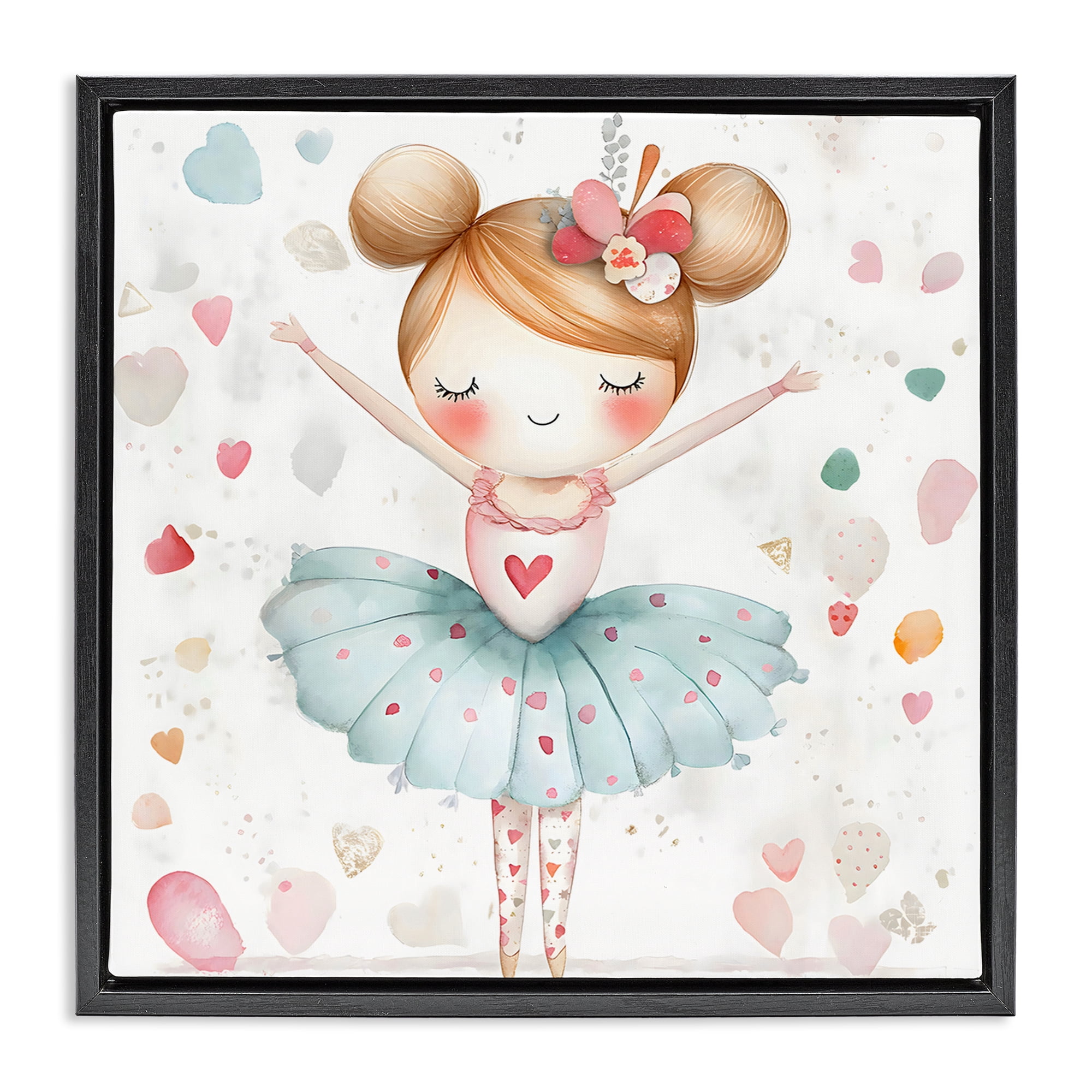 Stupell Industries Cute Ballerina with Hearts Black Framed Floater Canvas Wall Art, design by Creative Studio