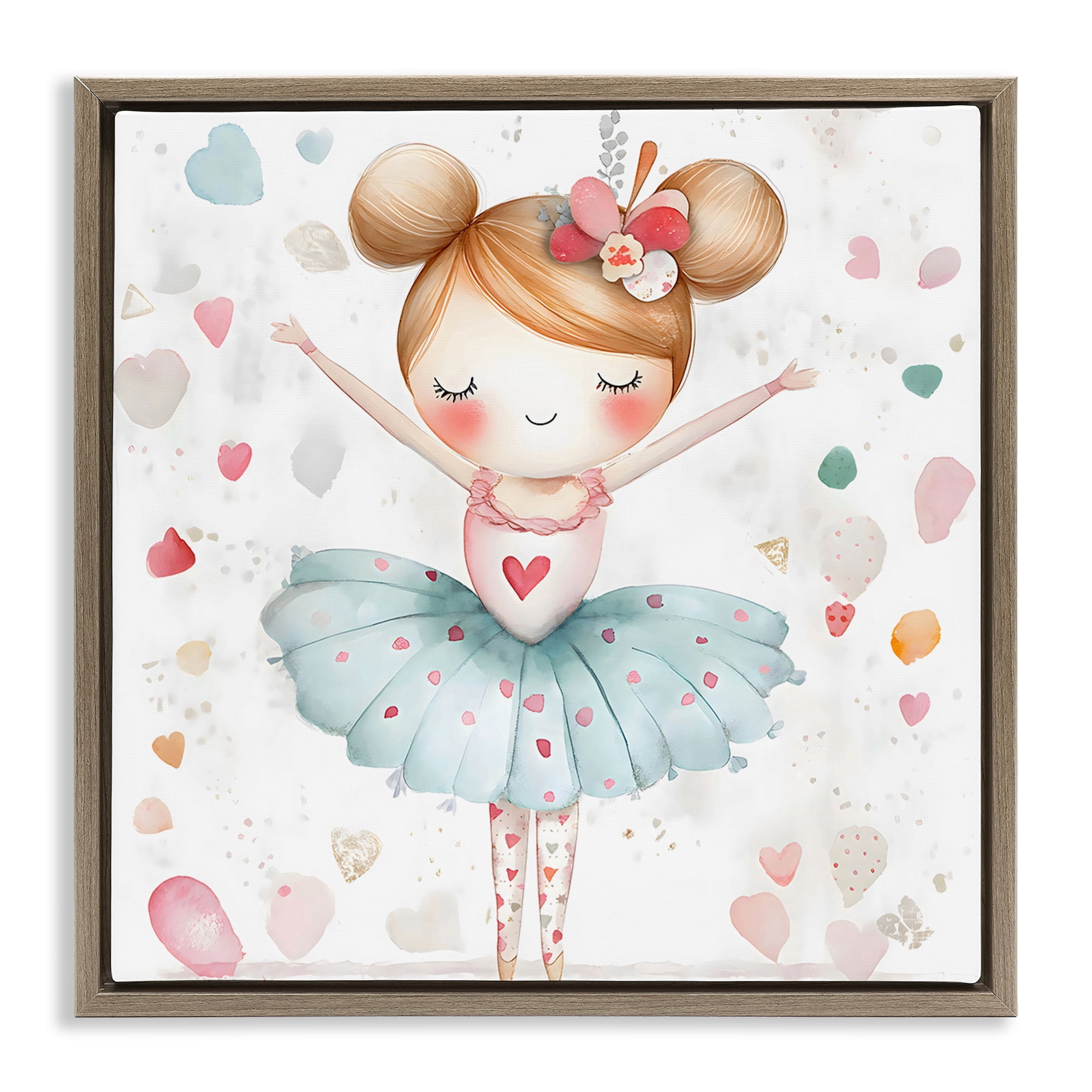 Stupell Industries Cute Ballerina with Hearts Brown Framed Floater Canvas Wall Art, design by Creative Studio