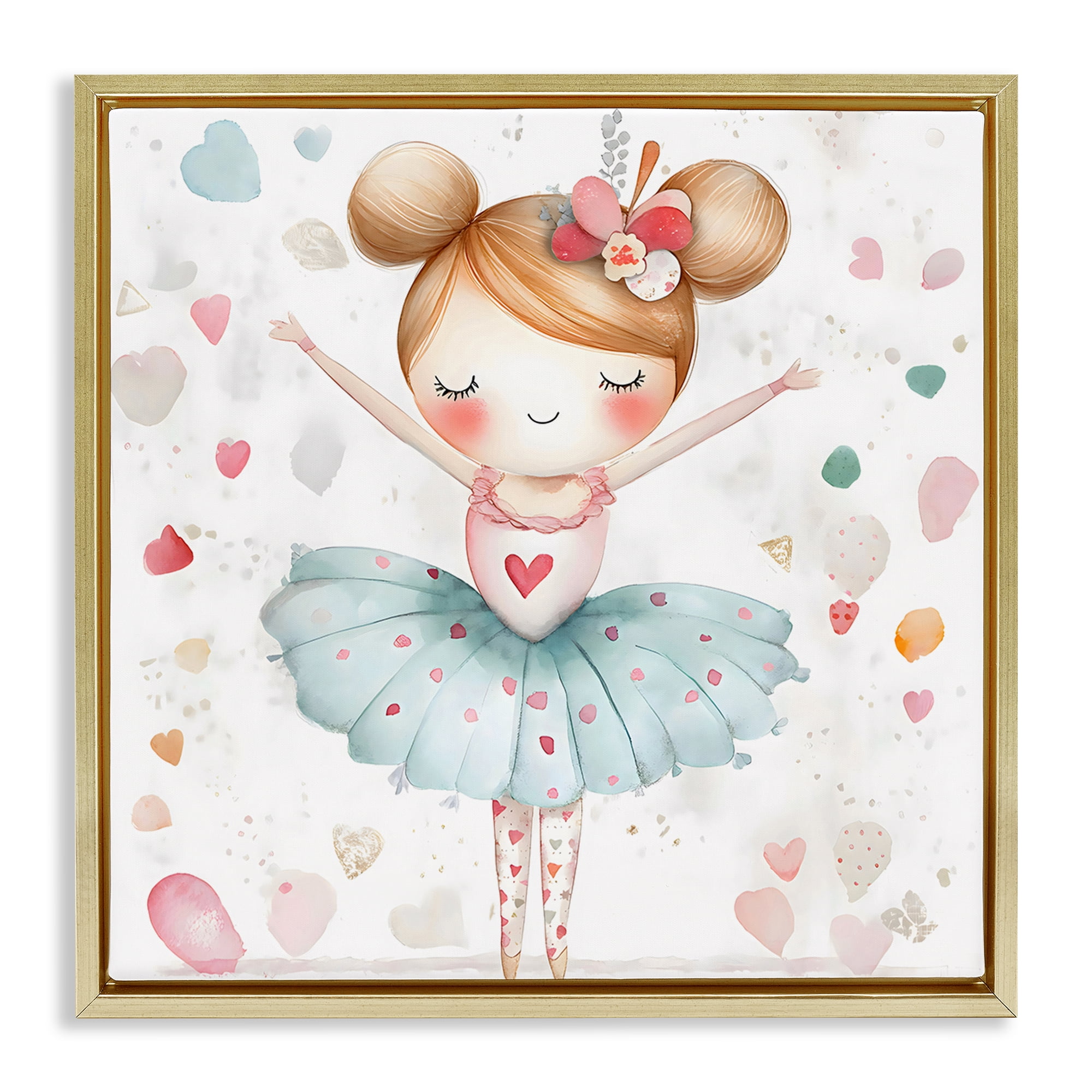 Stupell Industries Cute Ballerina with Hearts Gold Framed Floater Canvas Wall Art, design by Creative Studio