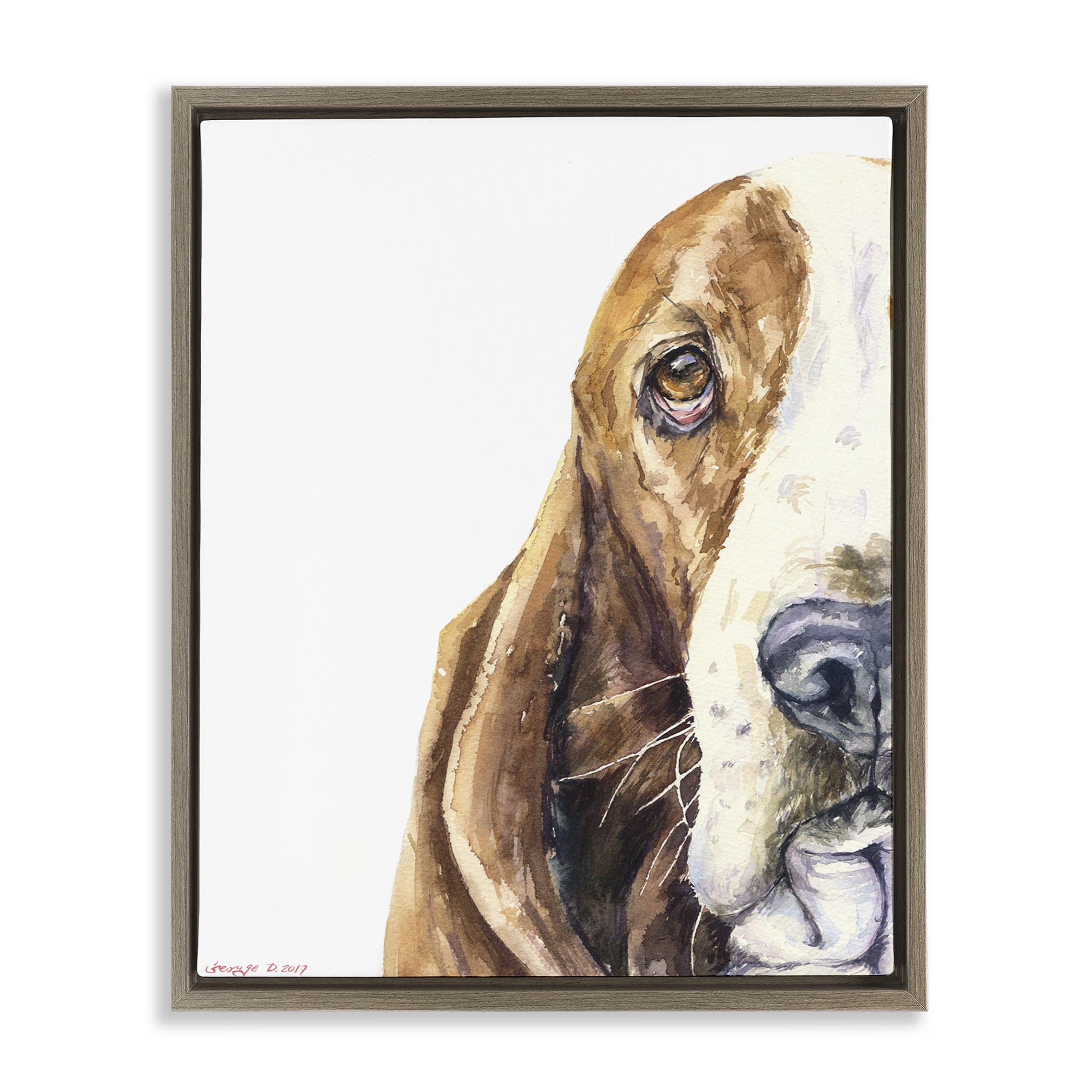 Stupell Industries Cute Basset Hound Pet Watercolor Animals & Insects Painting Brown Floater Framed Canvas Art Print Wall Art, 17 x 21