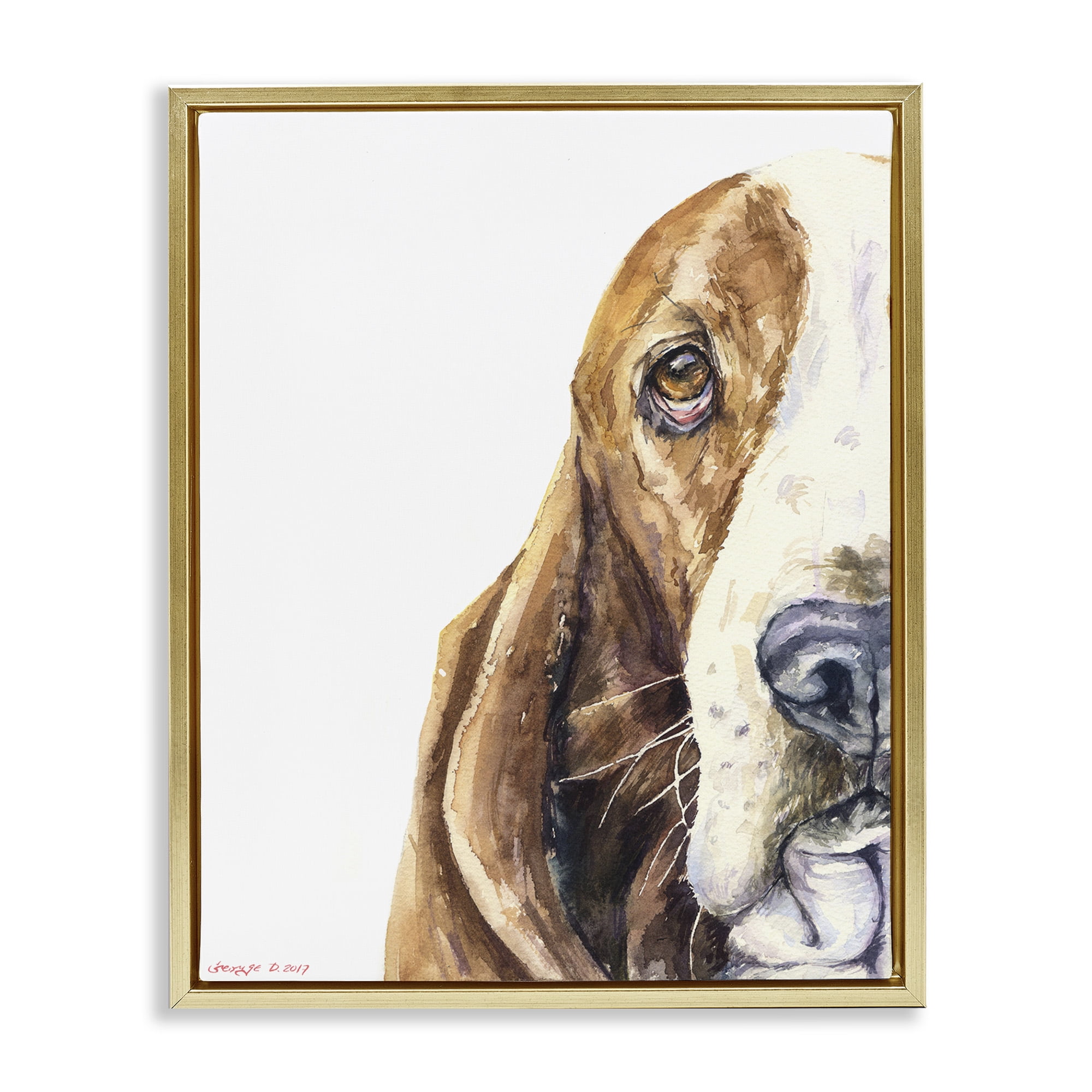 Stupell Industries Cute Basset Hound Pet Watercolor Animals & Insects Painting Gold Floater Framed Canvas Art Print Wall Art, 25 x 31