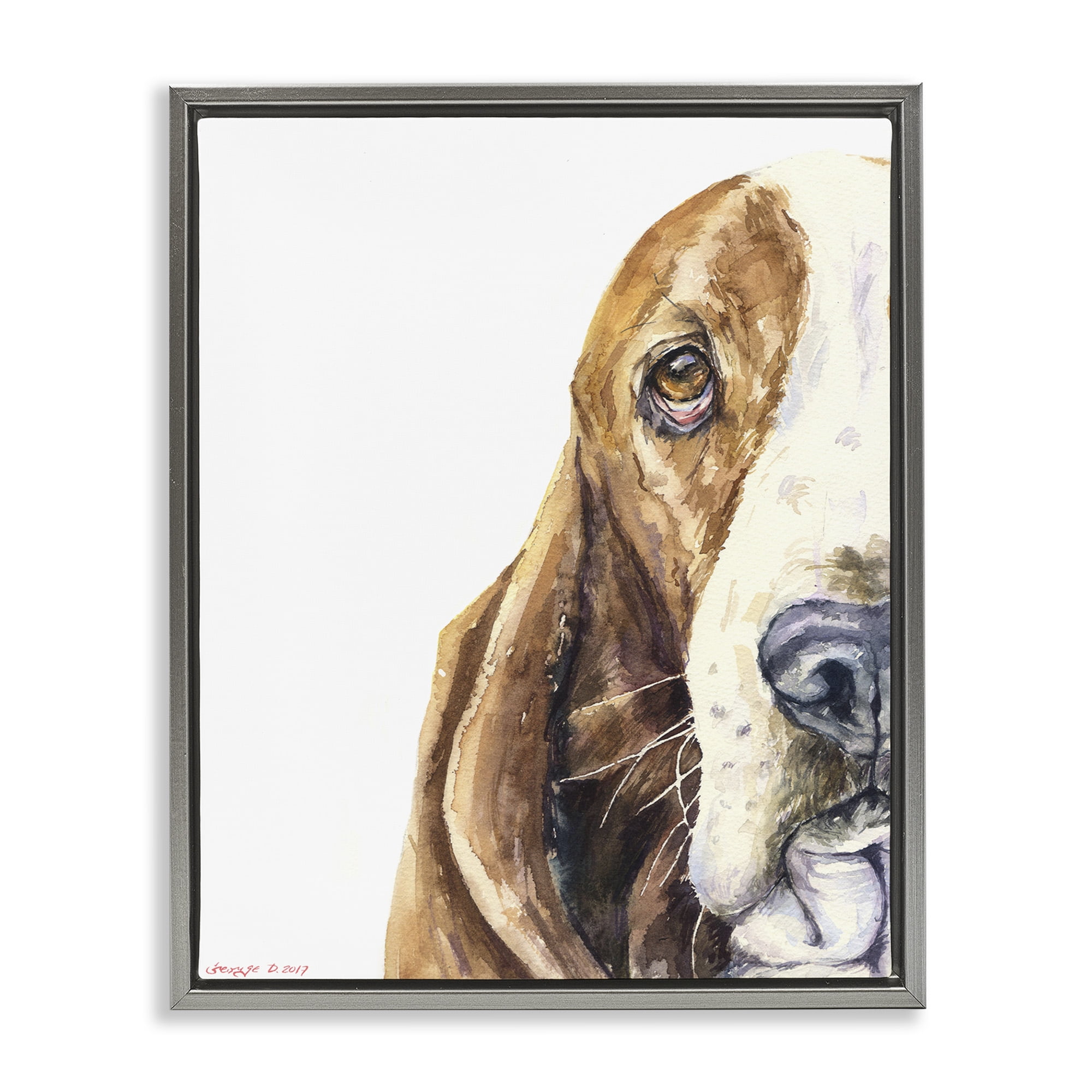 Stupell Industries Cute Basset Hound Pet Watercolor Animals & Insects Painting Gray Floater Framed Canvas Art Print Wall Art, 17 x 21