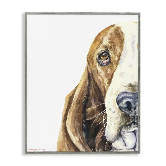 Stupell Industries Cute Basset Hound Pet Watercolor Animals & Insects Painting Gray Framed Art Print Wall Art, 24 x 30