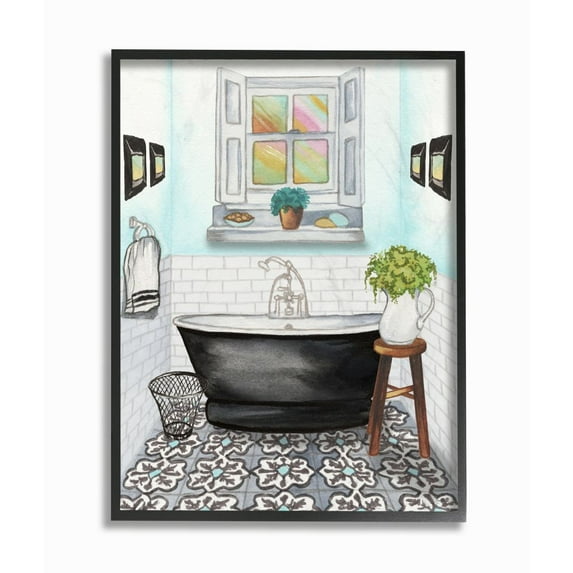 Stupell Industries Cute Bathroom Blue Watercolor Painting Framed Giclee Texturized Art by Elizabeth Medley