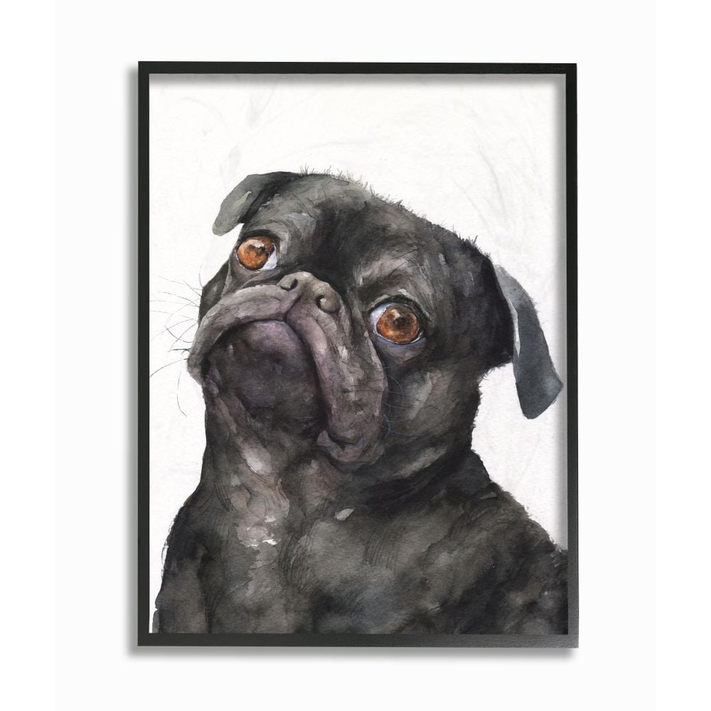 Stupell Industries Cute Black Pug Dog Pet Animal Watercolor Painting Framed Giclee Texturized Art by George Dyachenko