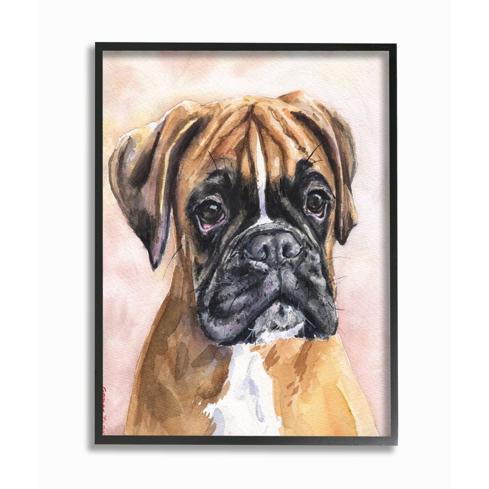 Stupell Industries Cute Boxer Dog Pet Animal Watercolor Painting Framed Giclee Texturized Art by George Dyachenko
