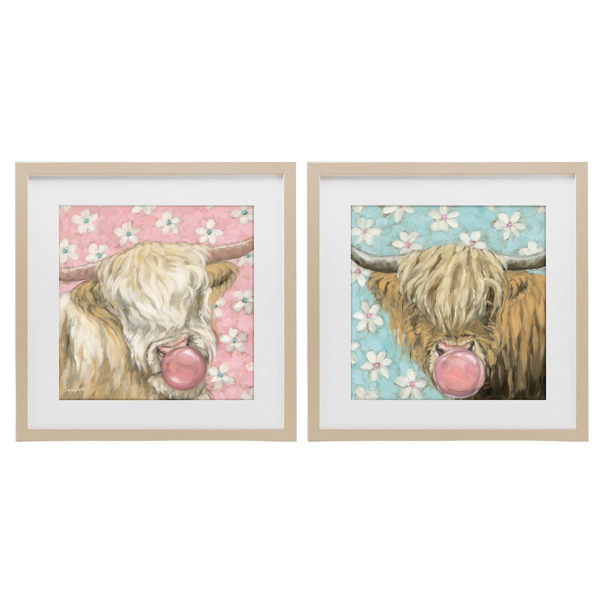Stupell Industries Cute Bubblegum Highland Cattles 2 Piece Birch Framed Print Under Glass Set, design by Sara G. Designs