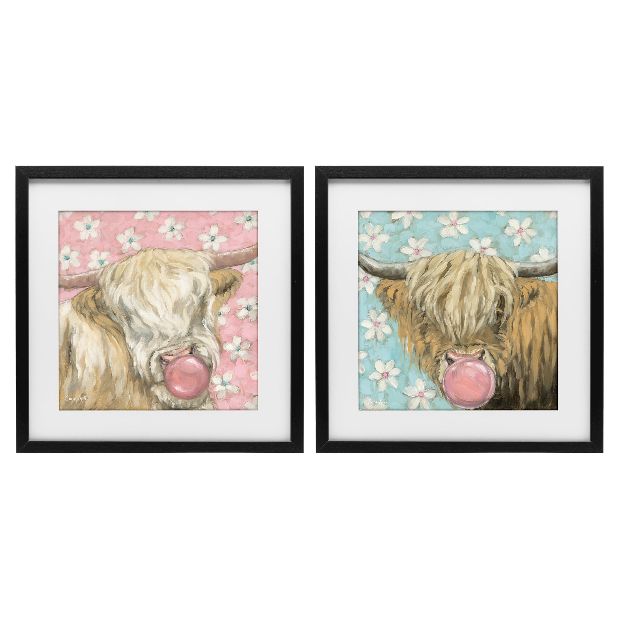 Stupell Industries Cute Bubblegum Highland Cattles 2 Piece Black Framed Print Under Glass Set, design by Sara G. Designs