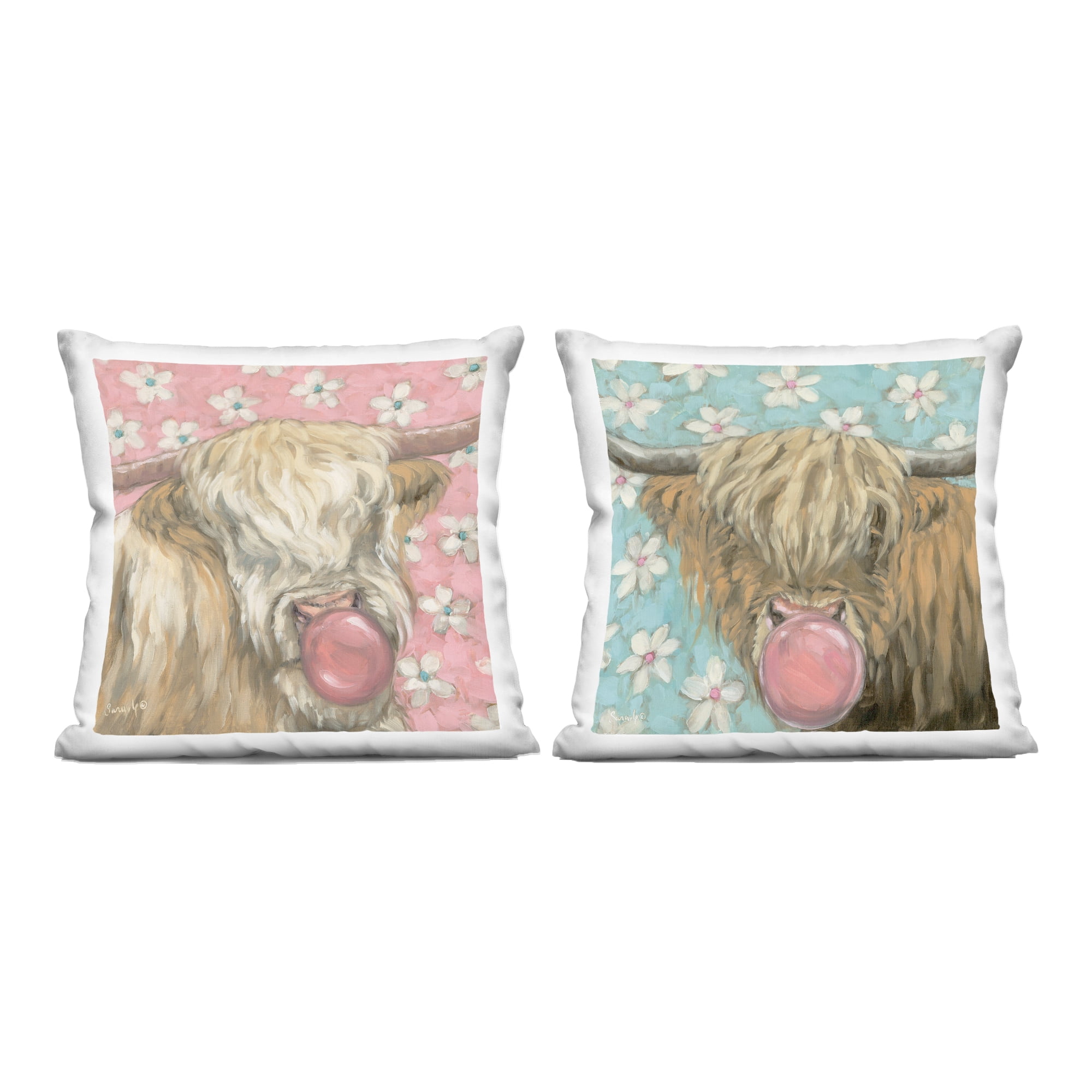 Stupell Industries Cute Bubblegum Highland Cattles 2 Piece Decorative Printed Throw Pillow Set, design by Sara G. Designs