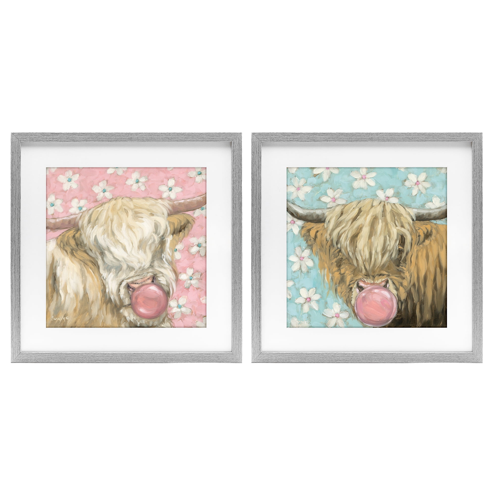 Stupell Industries Cute Bubblegum Highland Cattles 2 Piece Gray Framed Print Under Glass Set, design by Sara G. Designs