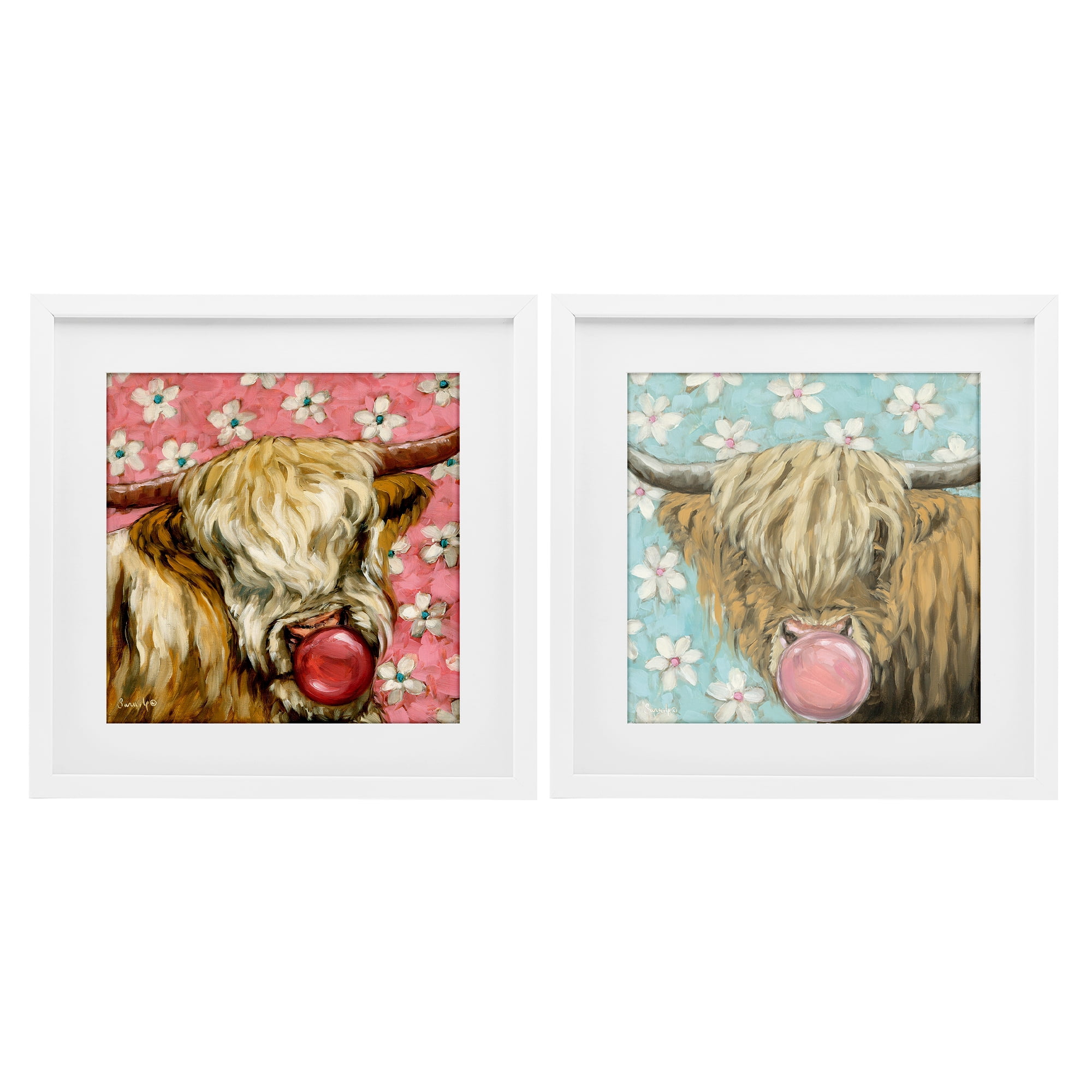 Stupell Industries Cute Bubblegum Highland Cattles 2 Piece White Framed Print Under Glass Set, design by Sara G. Designs