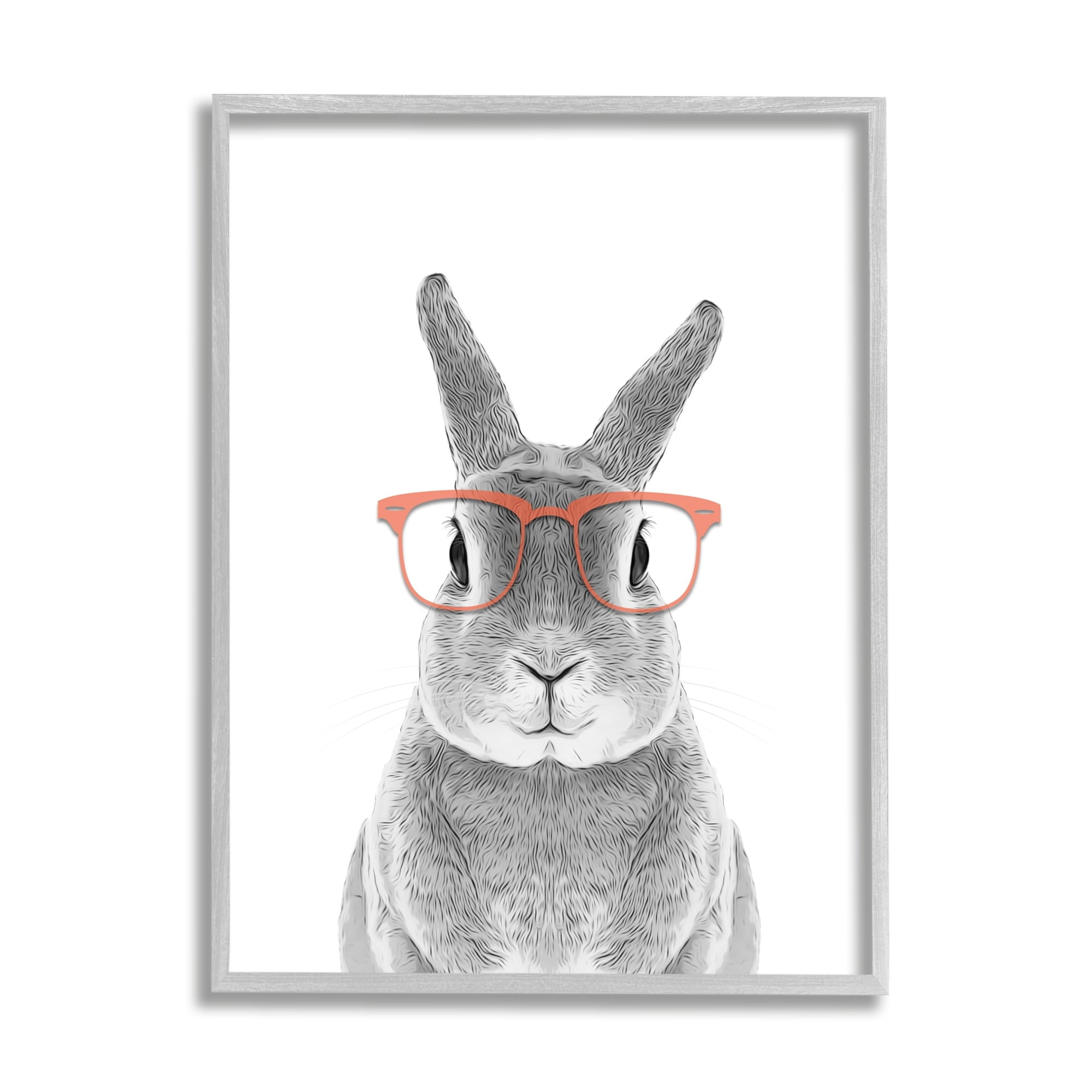 Stupell Industries Cute Bunny Rabbit Glasses Monochrome Illustration Graphic Art Gray Framed Art Print Wall Art, 24x30, by Annalisa Latella
