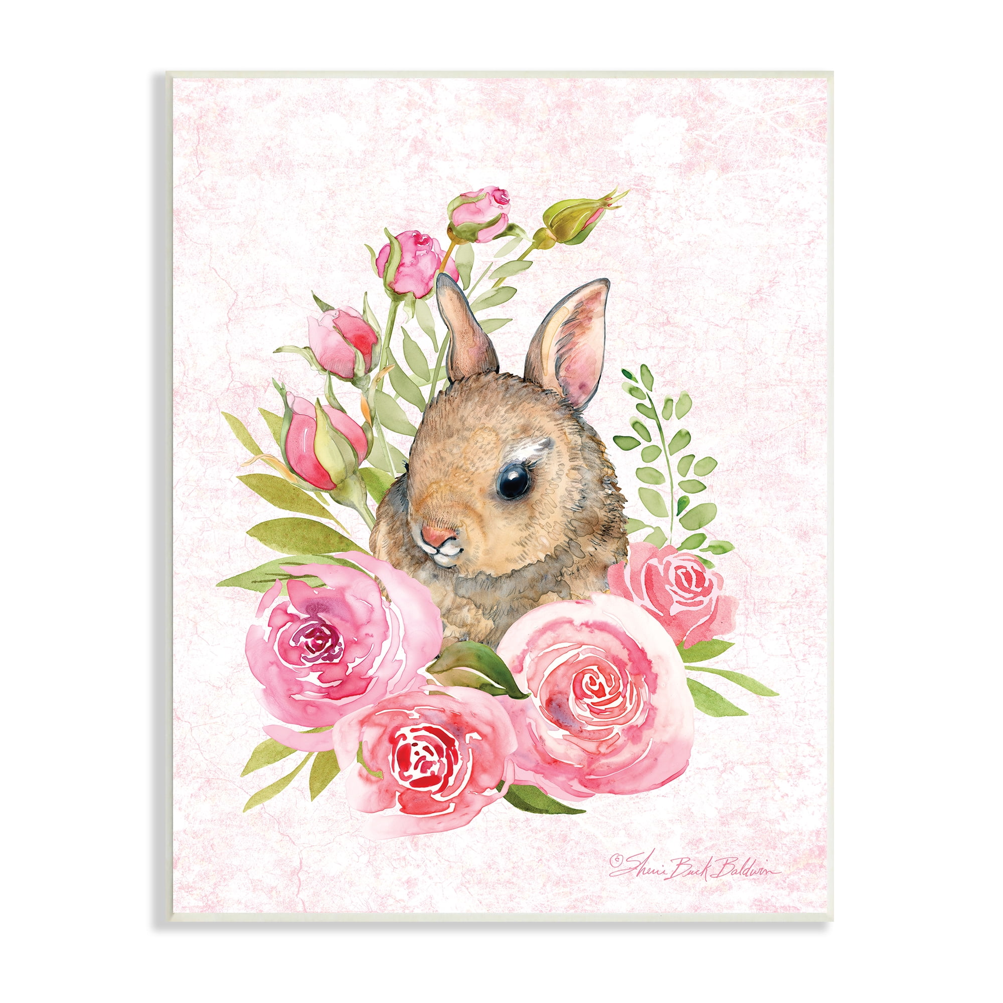 Stupell Industries Cute Bunny Rabbit Pink Blooming Rose Flowers, 10 x 15, Designed by Sherri Buck Baldwin