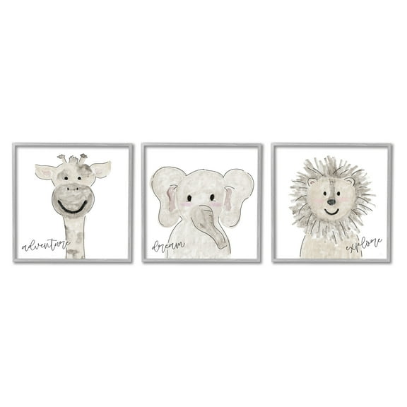 Stupell Industries Cute Cartoon Animals Illustration Adventure Dream Explore Quote Drawings Gray Framed Art Print Wall Art Set of 3, 12x12, by Natalie Carpentieri