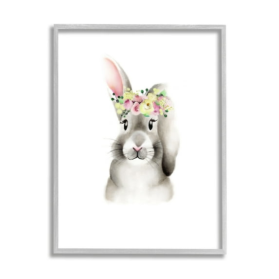 Stupell Industries Cute Cartoon Baby Bunny Rabbit Flower Crown Forest Animal Painting Graphic Art Gray Framed Art Print Wall Art, 16x20, by Studio Q