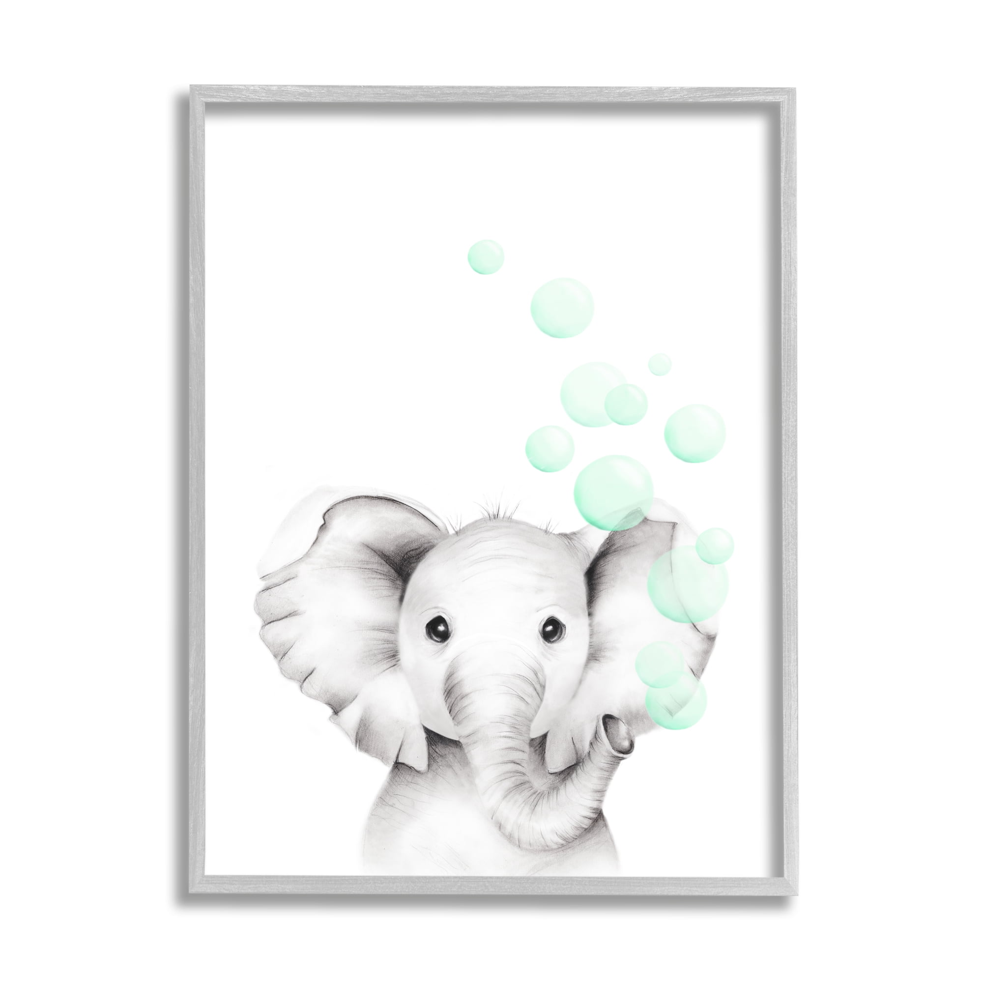 Gray Framed Canvas Print of Baby Elephant with Bubbles, 24x30