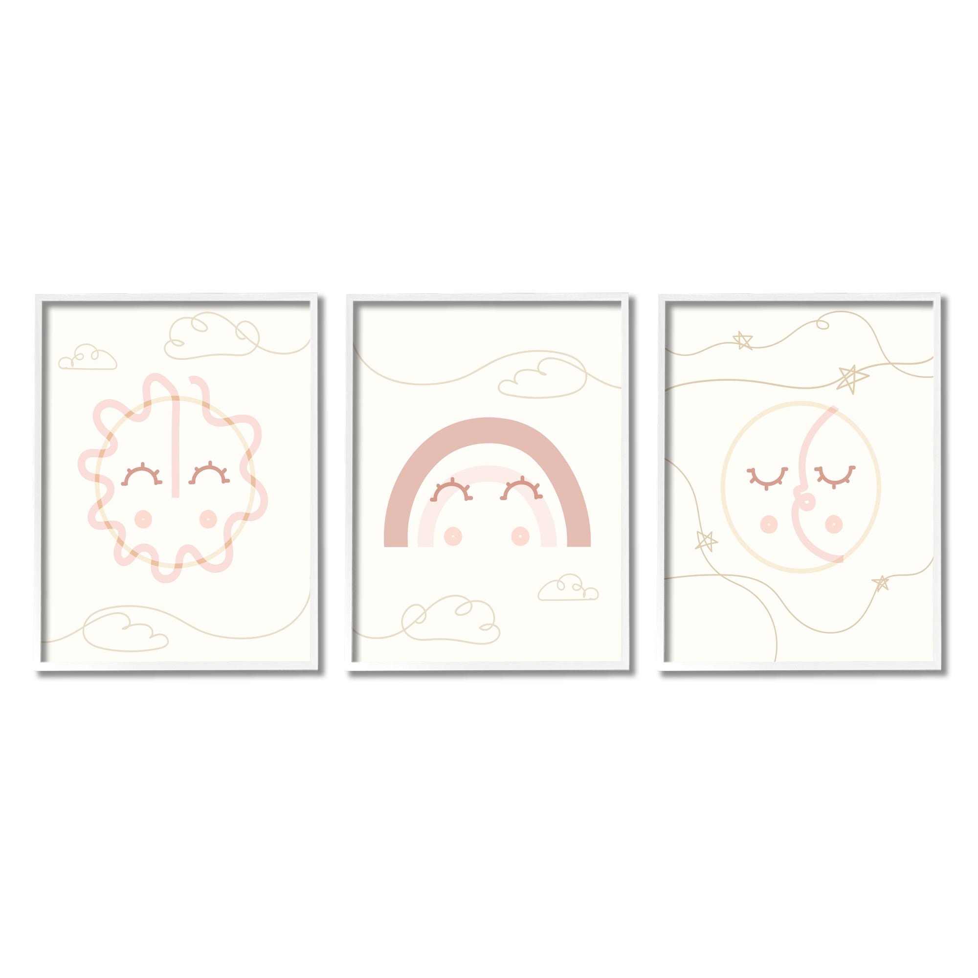 Stupell Industries Cute Celestial Doodle Sun Moon Stars Smile Happy Face Graphic Art White Framed Art Print Wall Art Set of 3, 16x20, by Daphne Polselli