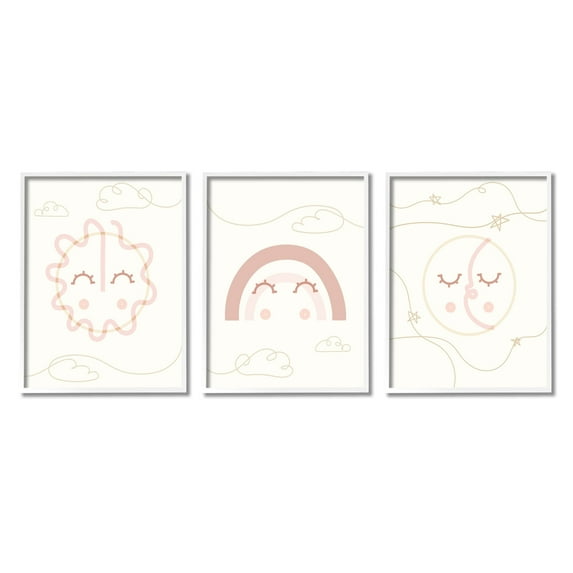 Stupell Industries Cute Celestial Doodle Sun Moon Stars Smile Happy Face Graphic Art White Framed Art Print Wall Art Set of 3, 16x20, by Daphne Polselli