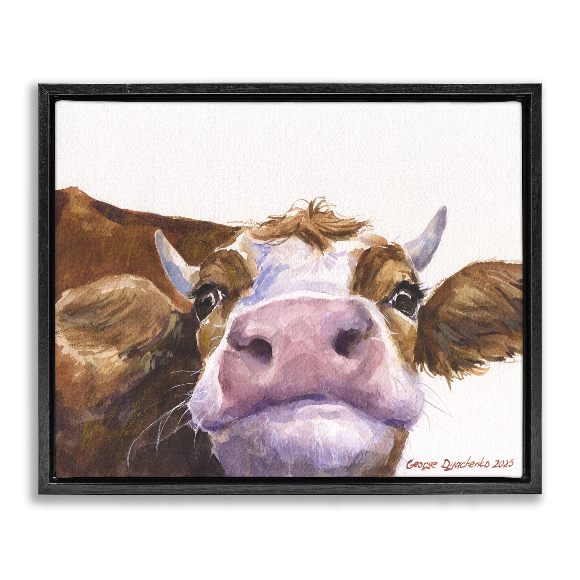 Stupell Industries Cute Cow Close Up Black Framed Floater Canvas Wall Art, design by George Dyachenko