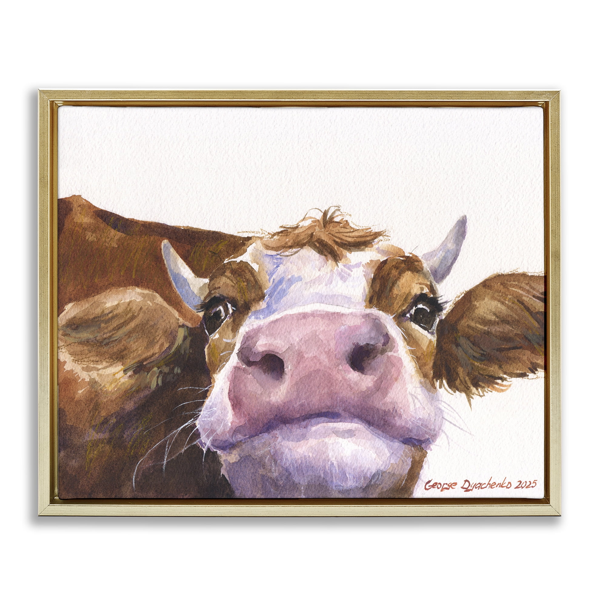 Stupell Industries Cute Cow Close Up Gold Framed Floater Canvas Wall Art, design by George Dyachenko
